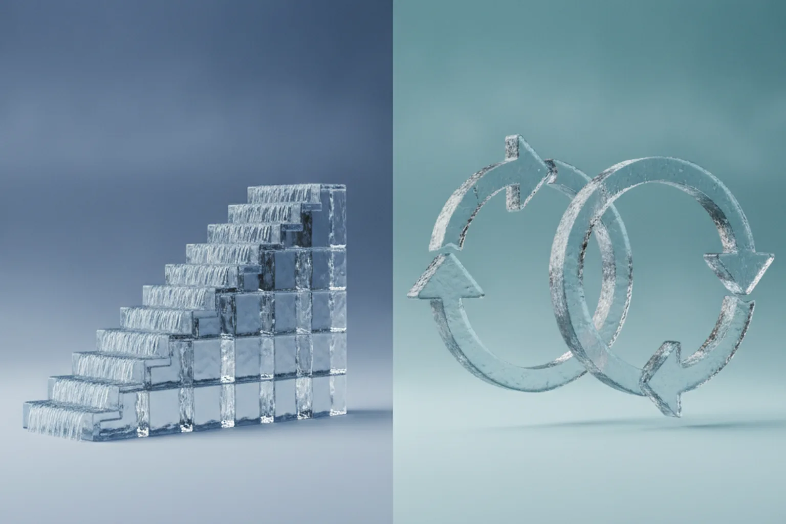 A glass staircase with water flowing down step by step beside looping glass arrows, contrasting the sequential Waterfall model with iterative Agile cycles