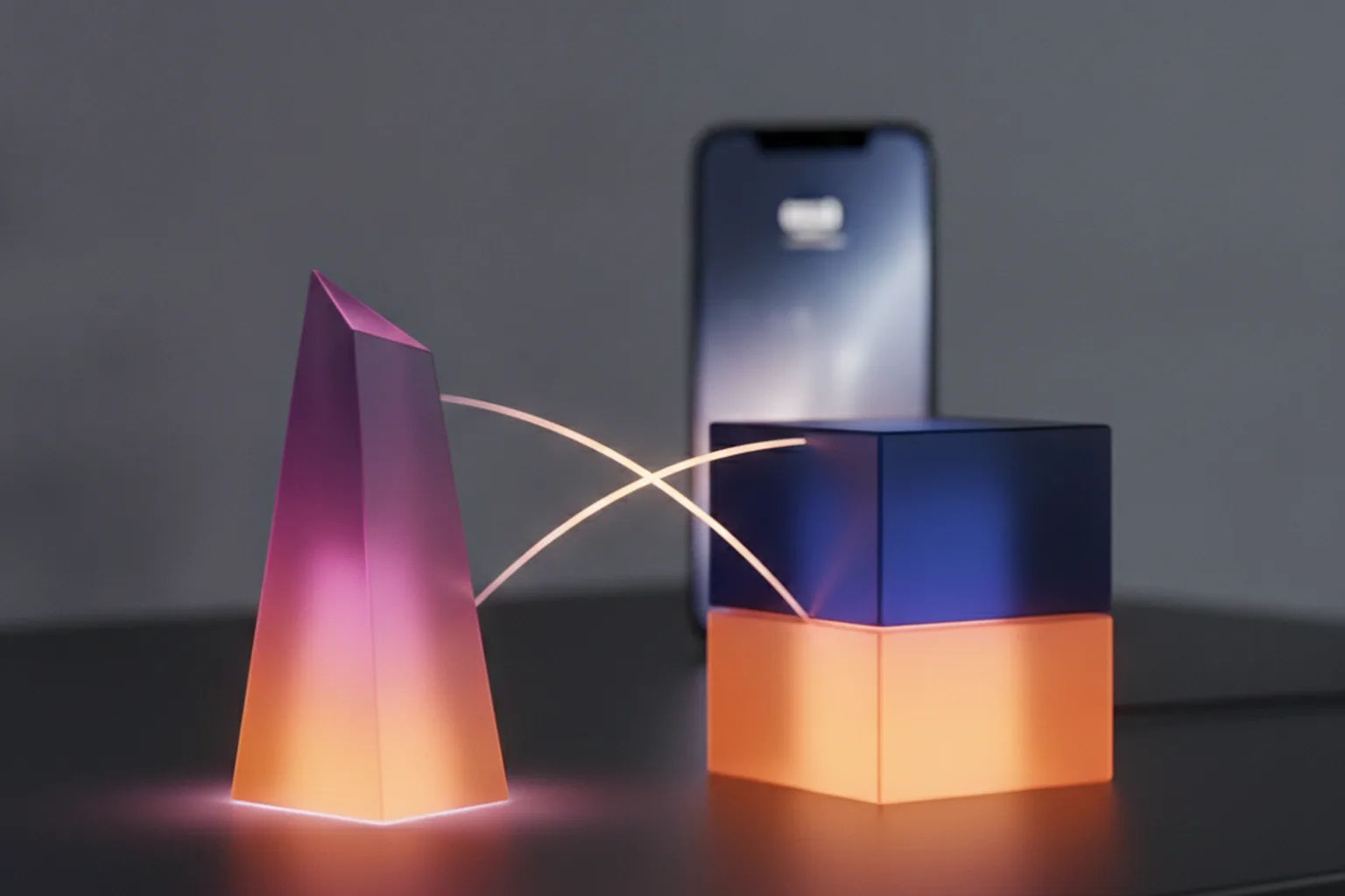 Two contrasting abstract structures connected by light bridges, representing Kotlin and Java on Android