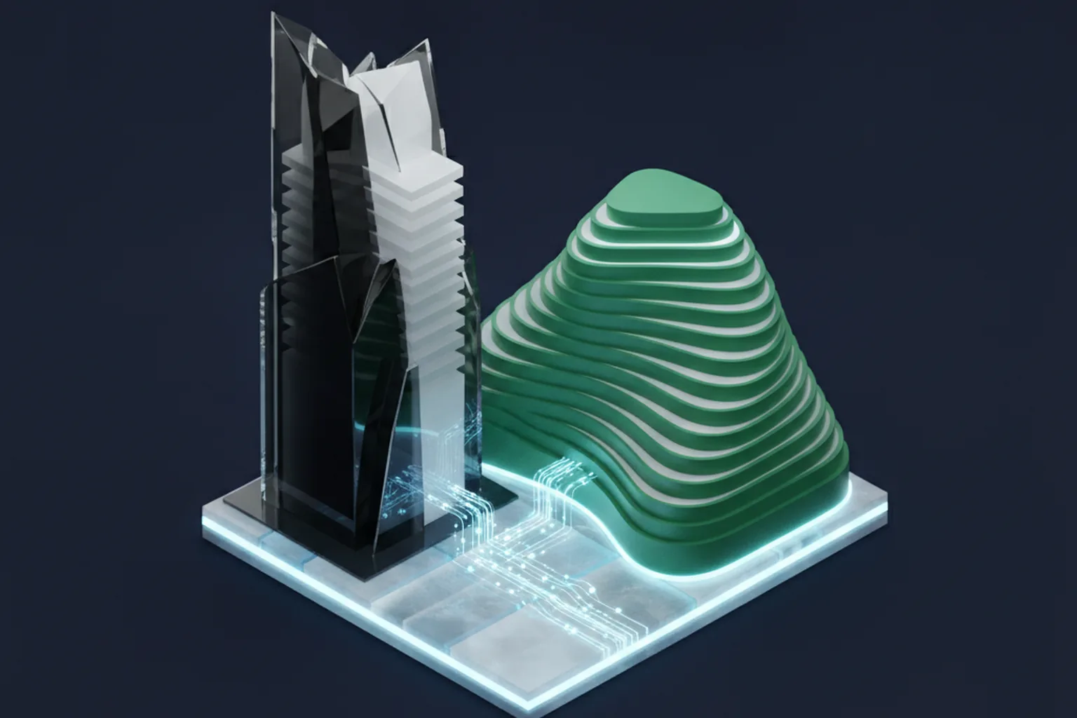 A sharp monochrome glass tower and a rounded green terraced structure standing on one shared glowing server platform, representing Next.js and Nuxt