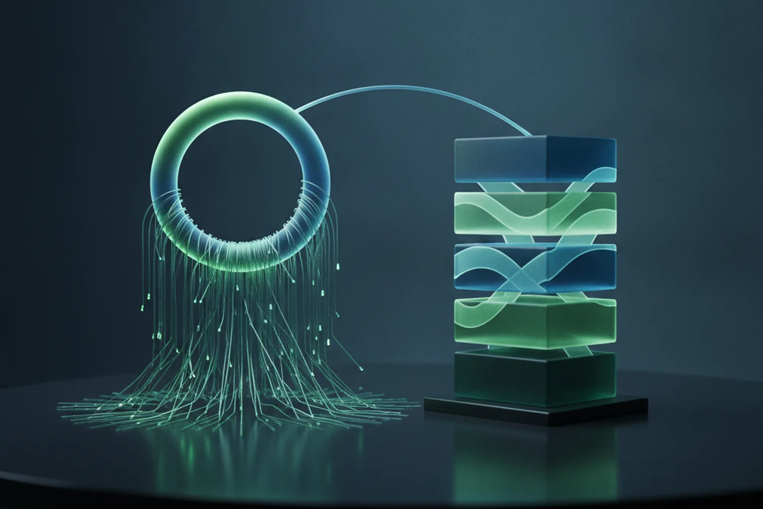 Node.js vs Python for backend: a glowing loop of light feeding many data streams connected to a stack of layered translucent blocks
