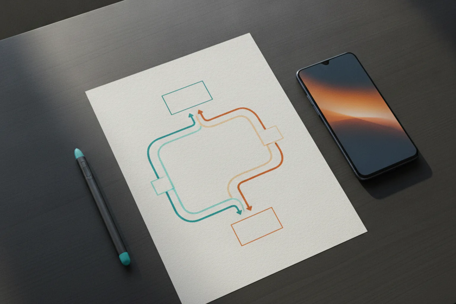 Paper flowchart with two branching paths in cyan and orange next to a smartphone and stylus on a dark desk