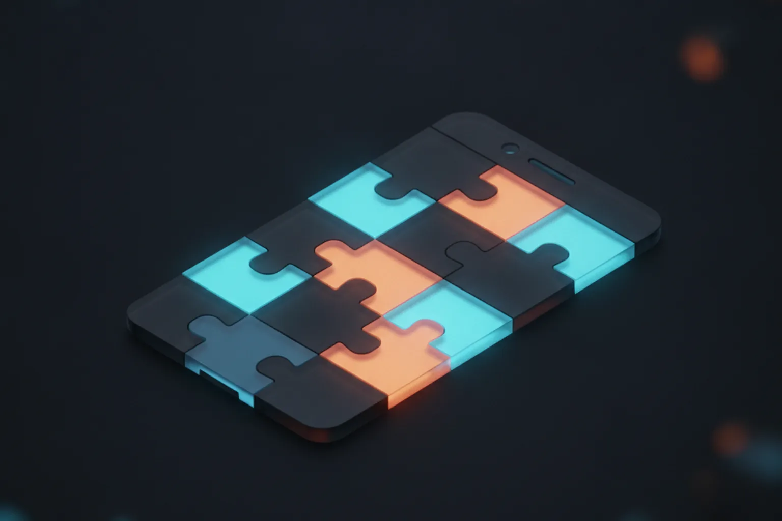 A smartphone made of puzzle tiles, some glowing cyan and some orange, fitted together to show a hybrid app architecture