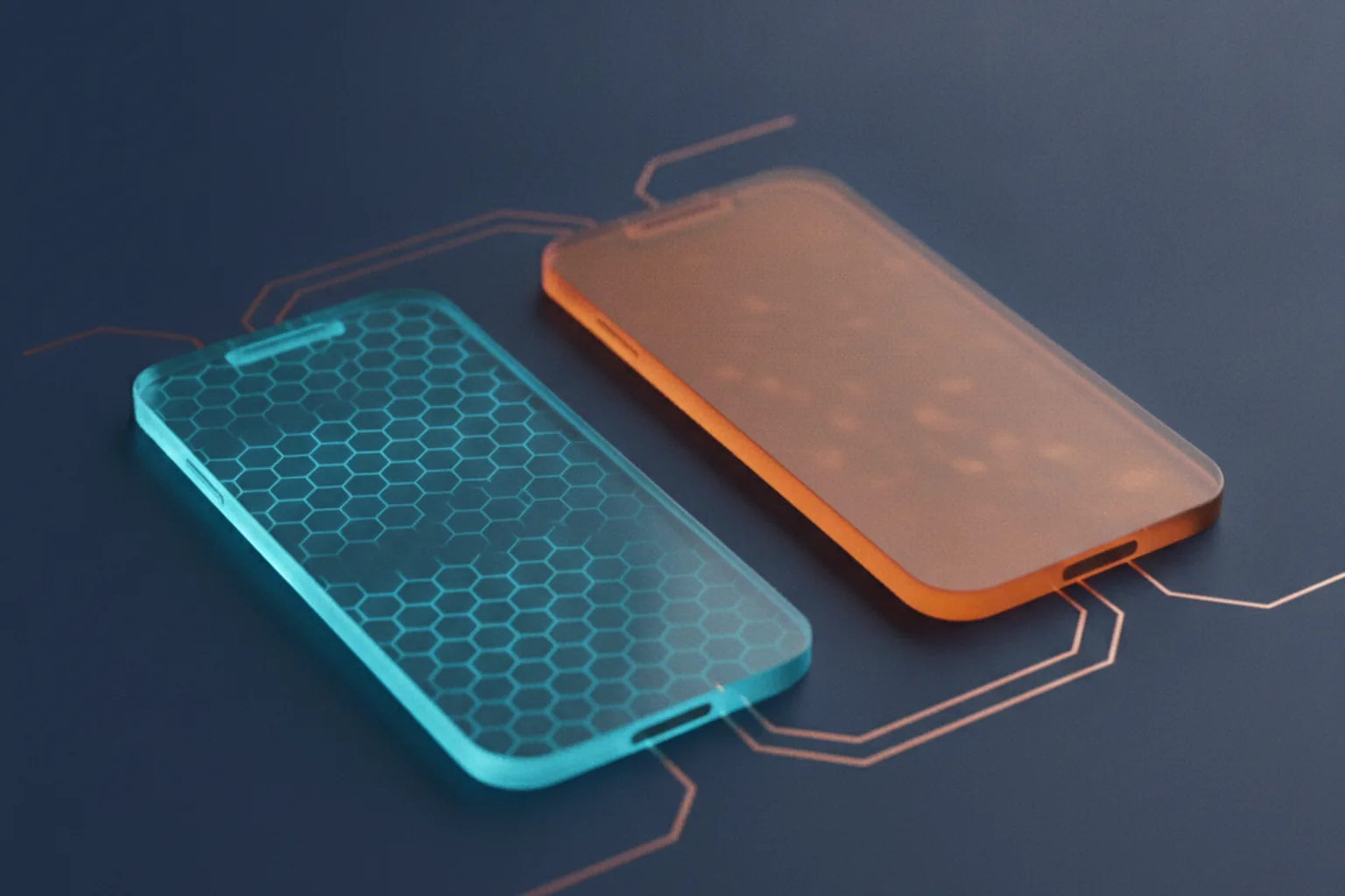 React Native vs Swift — two abstract phones, one cyan glass with a hexagonal lattice and one orange frosted glass, on a dark desk