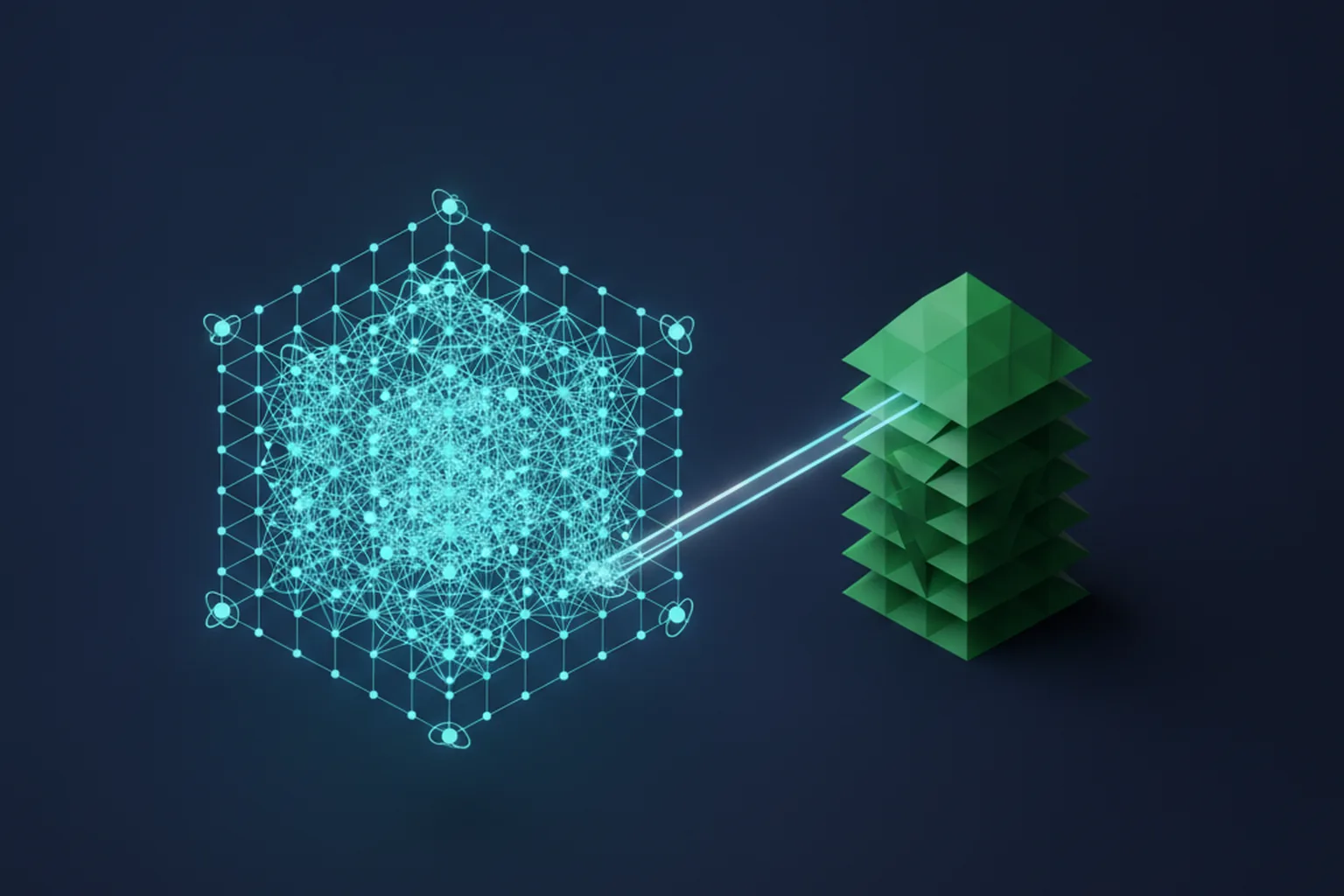 A large glowing lattice of nodes and a compact layered green crystal connected by a light bridge, representing React and Vue