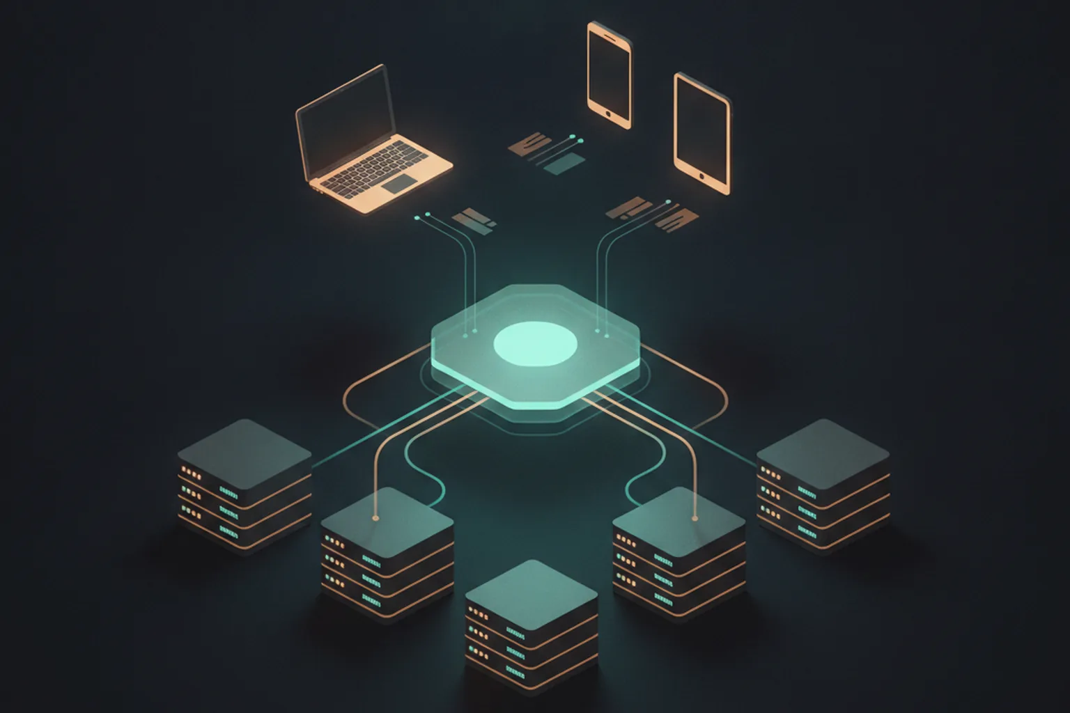 Illustration of a GraphQL gateway routing web and mobile clients to backend services