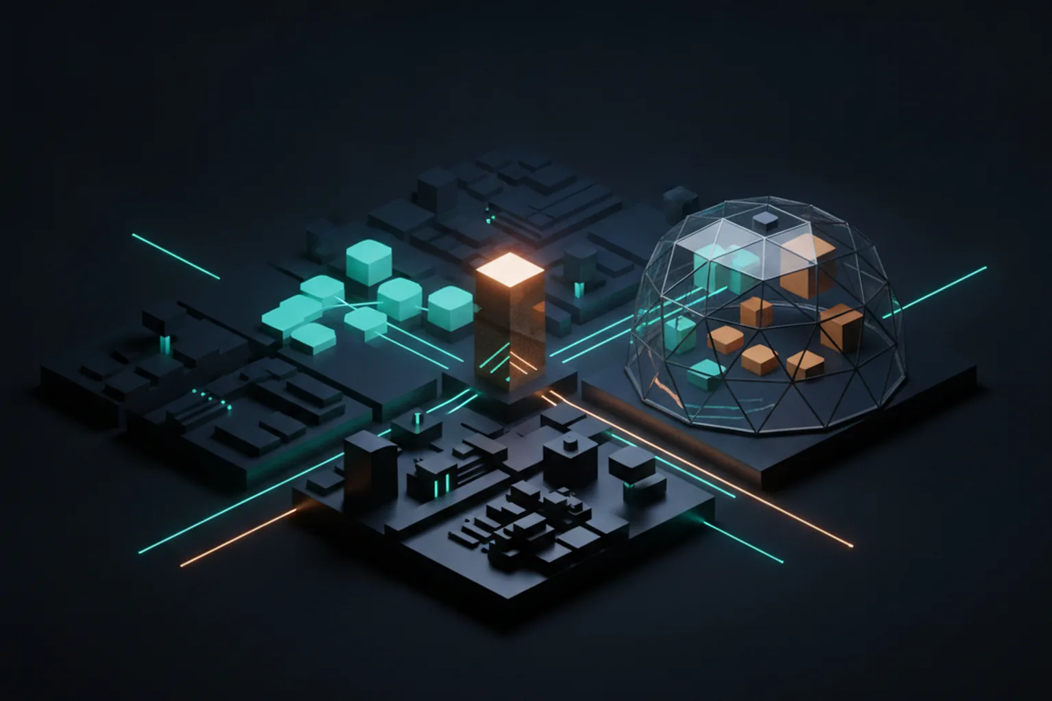 Isometric city of route blocks, some pre-built by a server tower and others assembled inside a browser dome