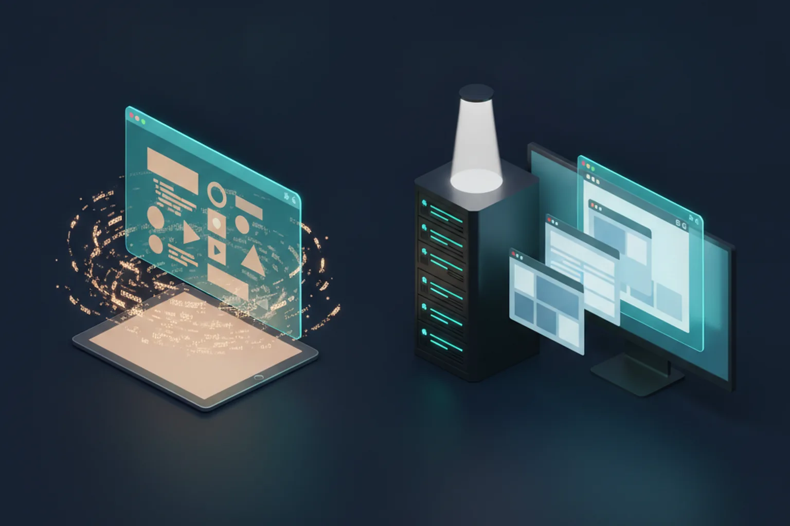 Isometric illustration contrasting a browser assembling an interface from code with a server sending fully built pages to a browser