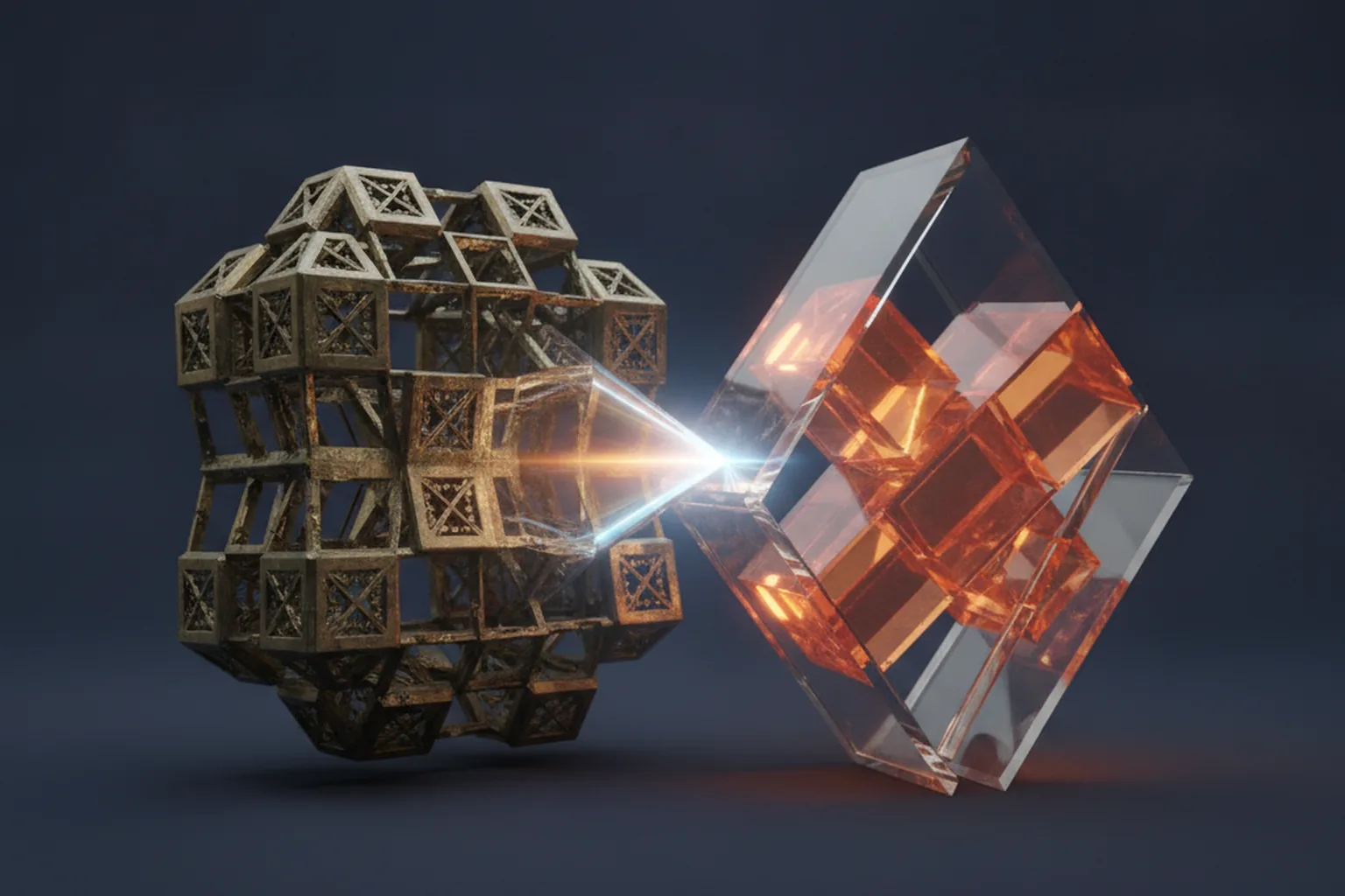 Swift vs Objective-C — an aged bronze lattice connected by a beam of light to a modern orange glass structure, symbolising migration from legacy to modern code