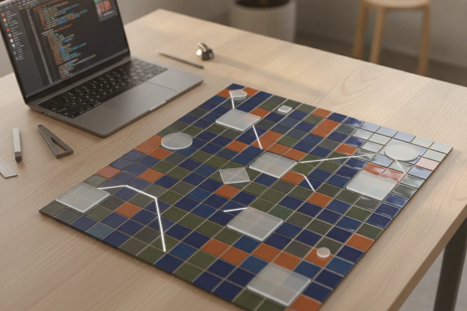 Architect's desk with a coloured tile decision matrix board and a laptop showing code, illustrating a frontend framework decision