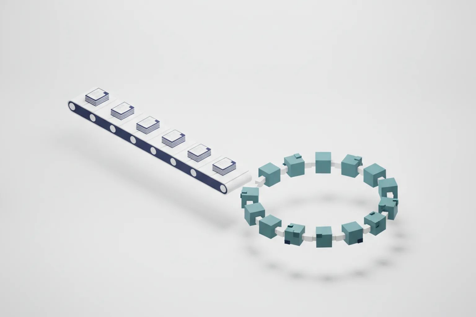 Isometric illustration of a straight conveyor carrying document blocks that feeds into a circular loop of cubes, showing upfront planning followed by iterative delivery