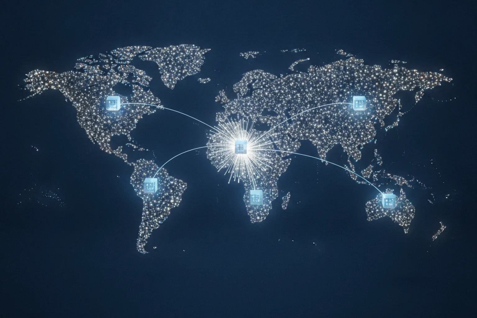 World map with server nodes on several continents receiving copies of one build artifact, illustrating multi-cloud and edge deployment