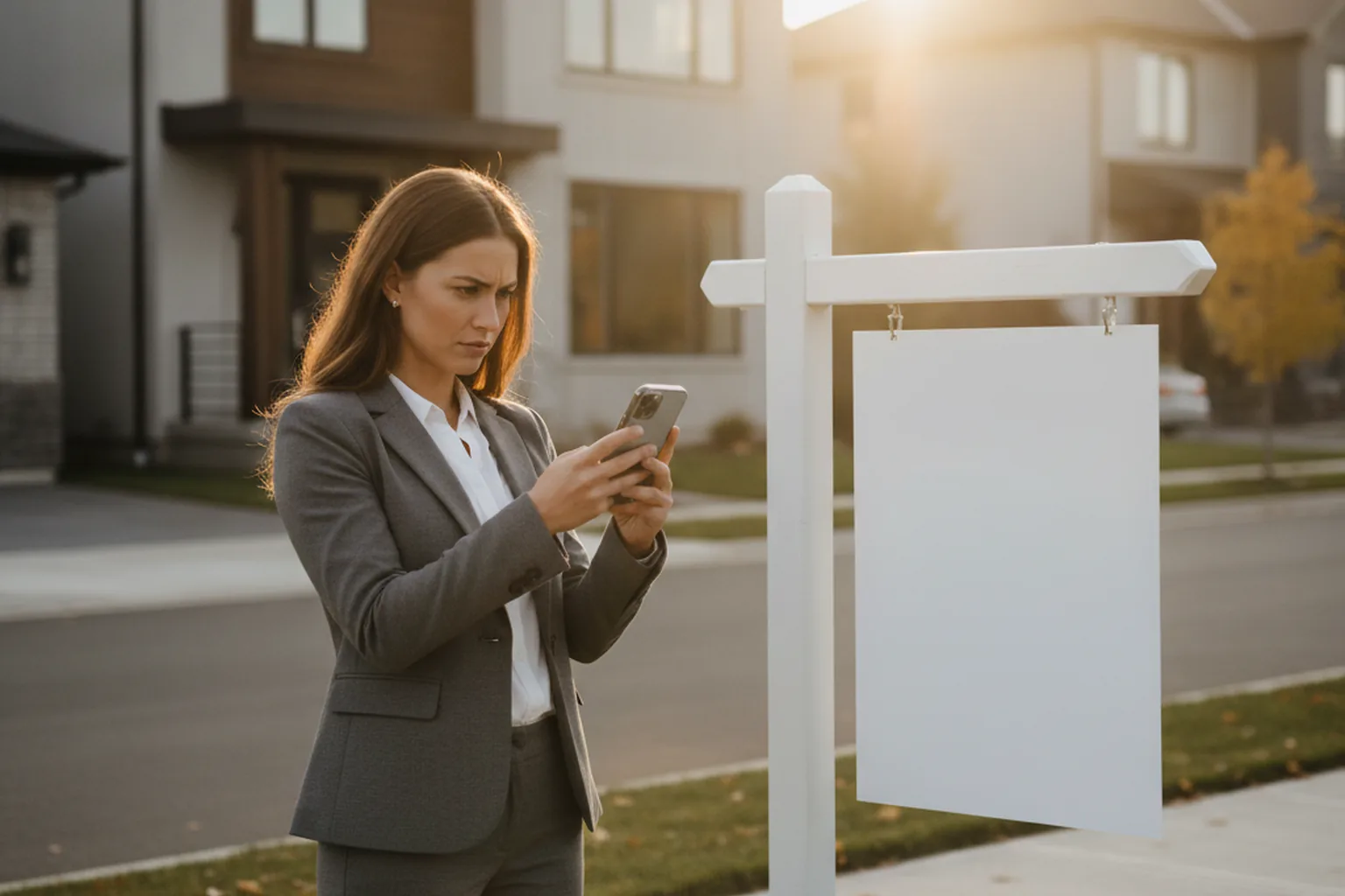 Agent immobilier consultant son smartphone à côté d’un panneau à vendre vierge devant une maison de banlieue à l’heure dorée