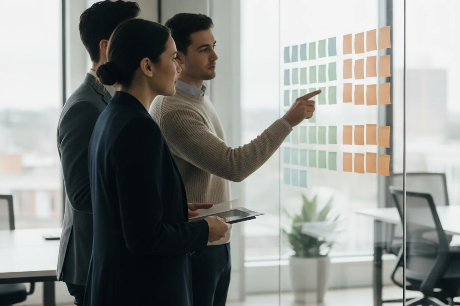 Agents immobiliers et ingénieur logiciel cartographiant un pipeline commercial avec des post-it de couleur sur une paroi vitrée