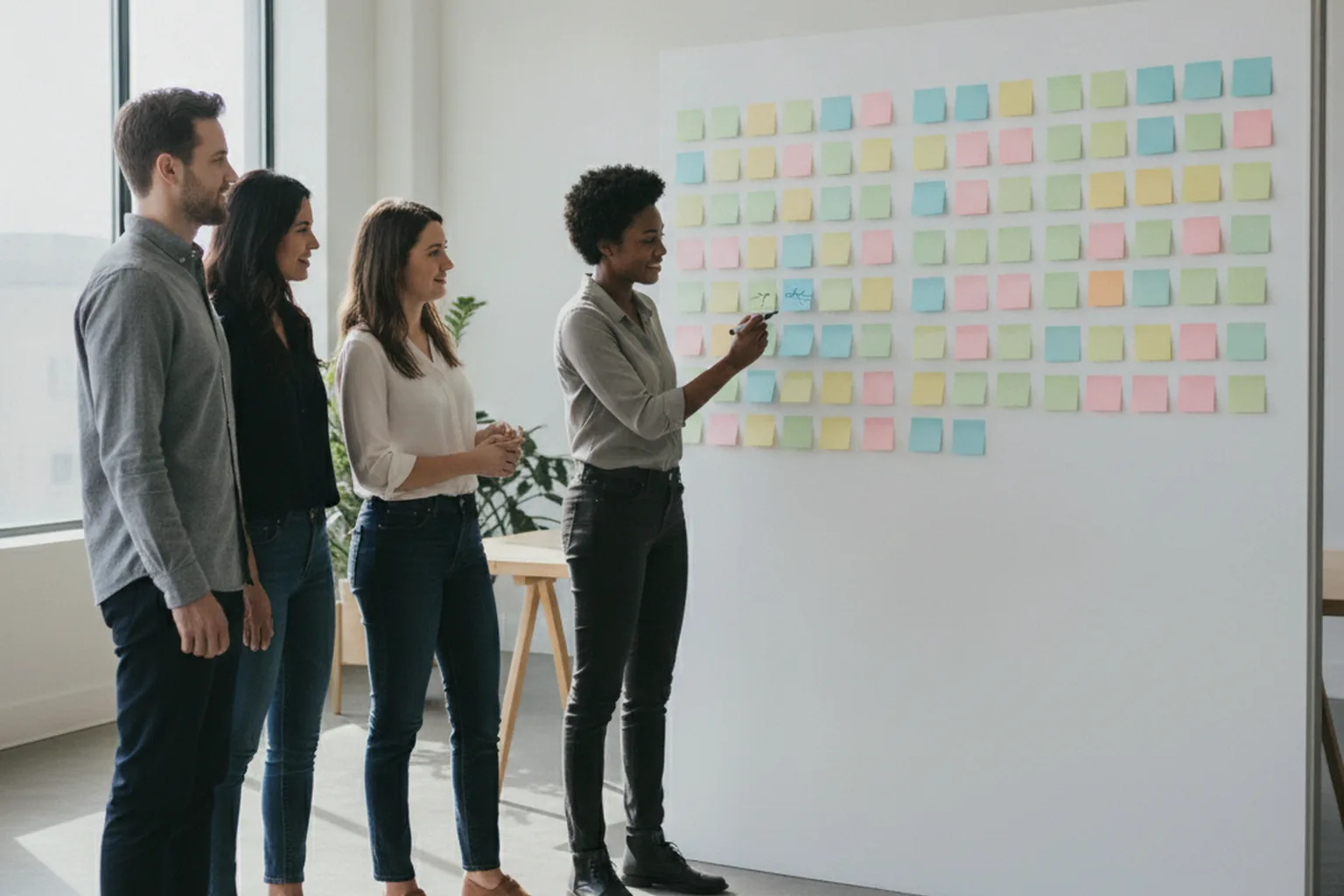 Product team at a whiteboard of colored sticky notes organised in columns, planning sprint work and tracking time by epic