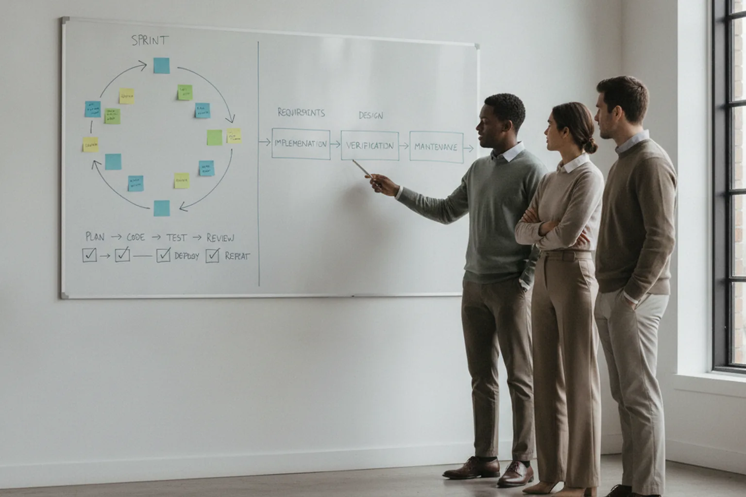A product team comparing an iterative sprint cycle diagram against a linear sequential plan on a whiteboard while choosing a development methodology