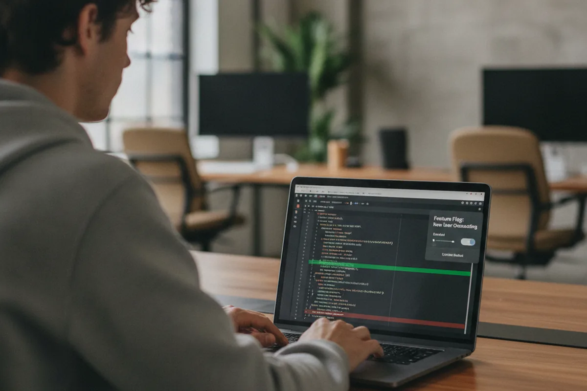 Developer reviewing an AI agent's pull request gated behind a feature flag