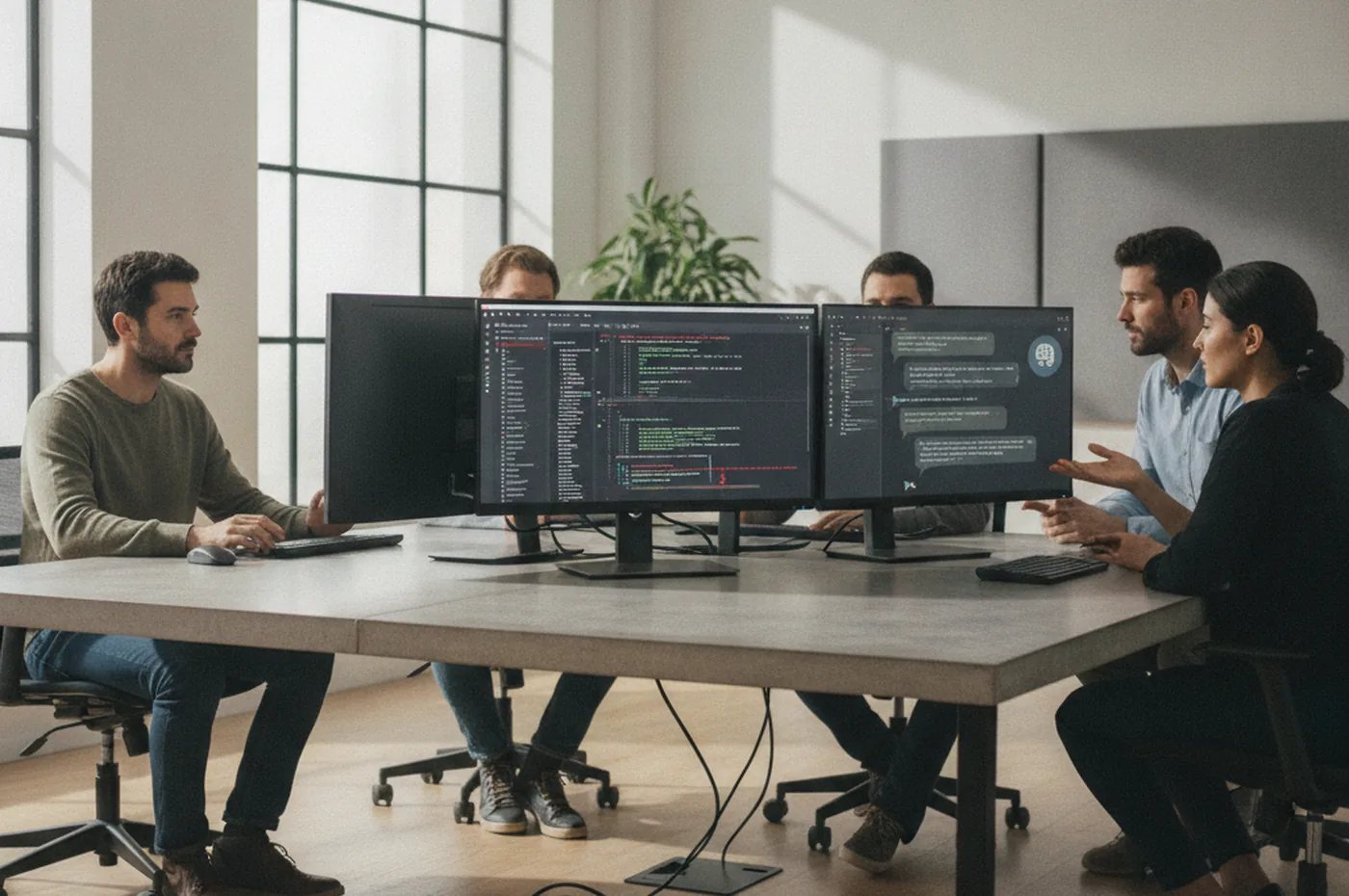 software engineering team reviewing AI-generated code together in a real-time nearshore review session