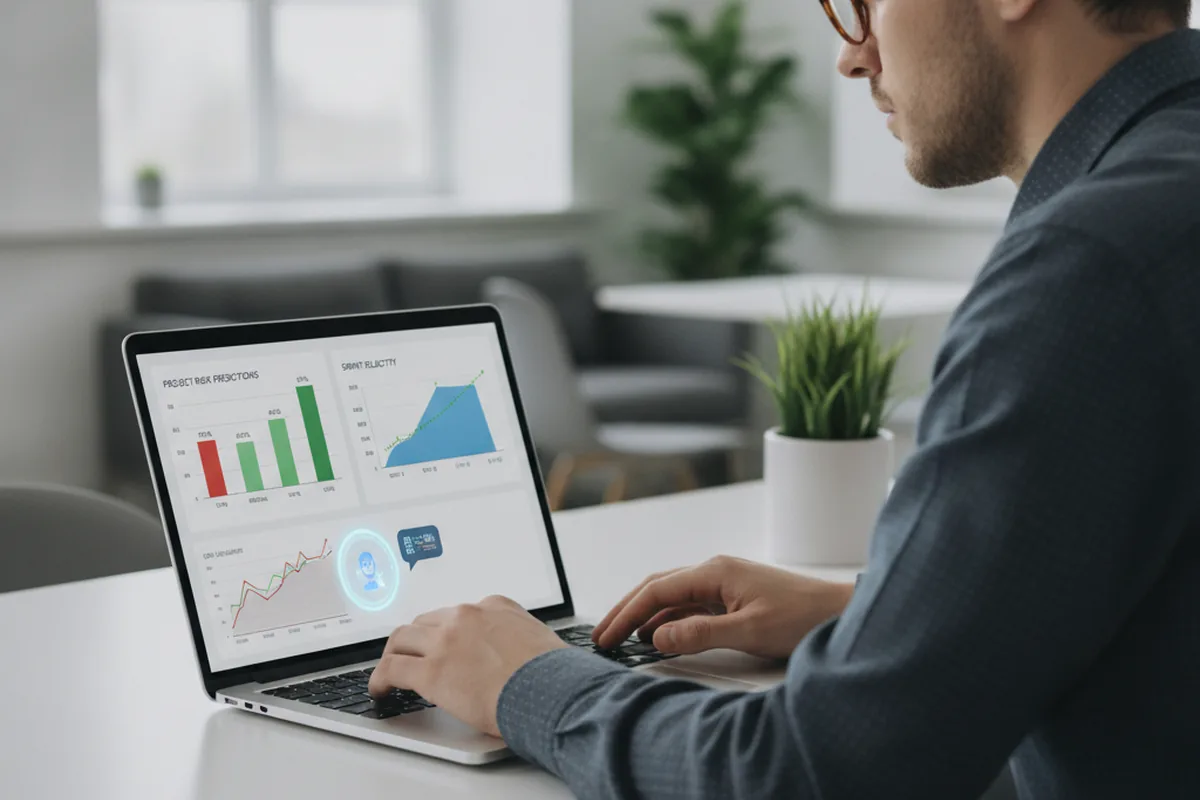 A developer reviewing an AI-generated project risk prediction and sprint velocity dashboard on a laptop