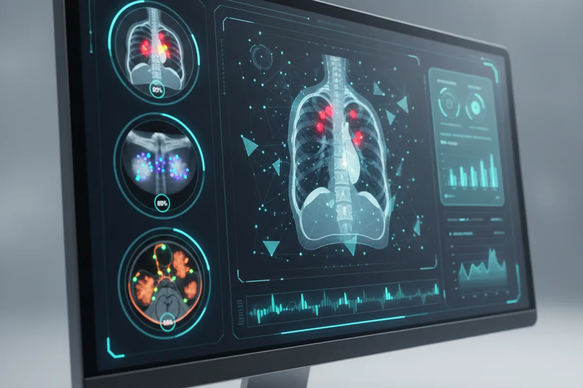 AI diagnostic dashboard showing detection markers and confidence scores across chest CT, mammography and cardiac imaging