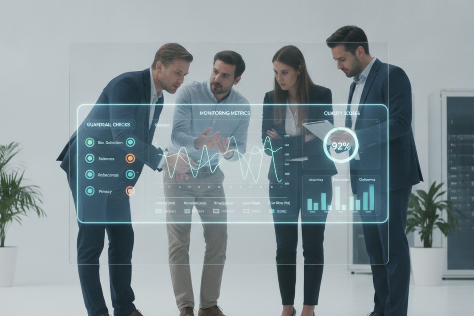 An engineering team reviewing an AI evaluation dashboard with guardrail checks, monitoring metrics and quality scores for a generative AI product