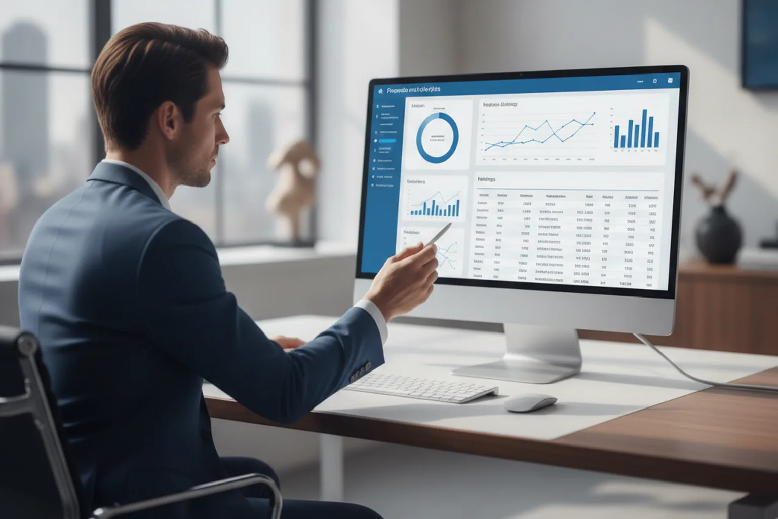 Advisor reviewing AI-generated portfolio analytics and risk alerts