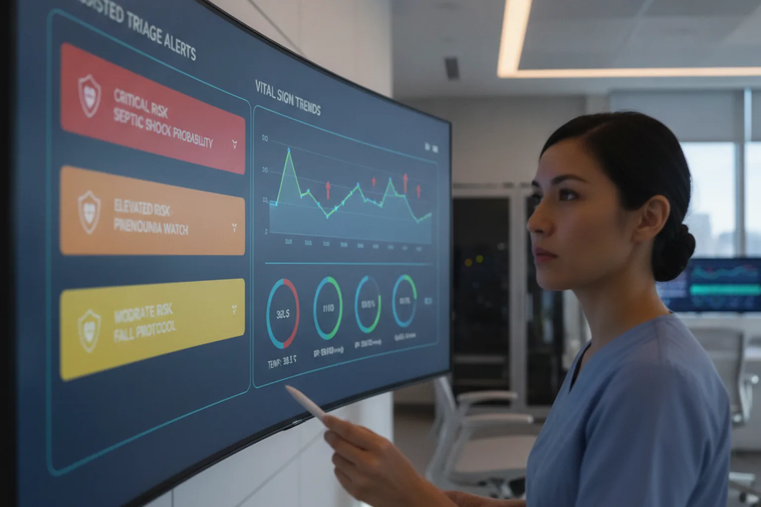 A clinician reviewing an AI-assisted patient risk triage dashboard with vital sign trends on a telehealth monitor