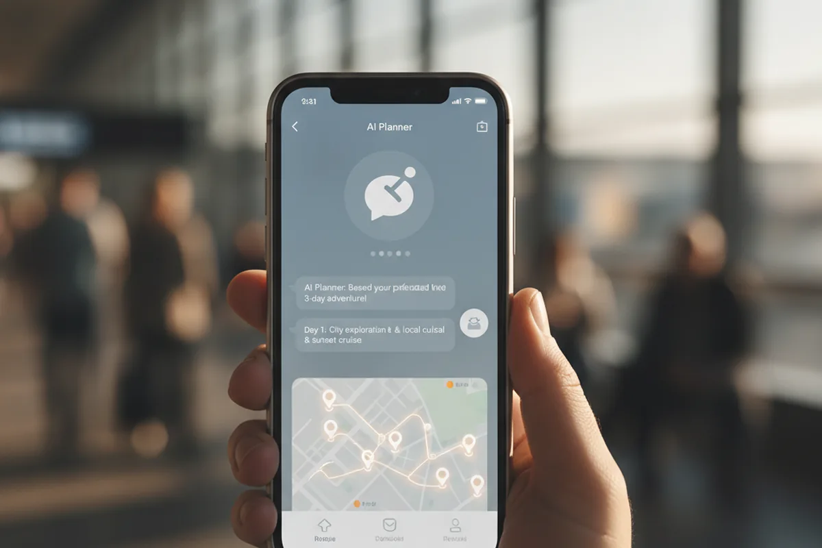 Traveler at an airport using an AI trip planner in a travel app on a smartphone