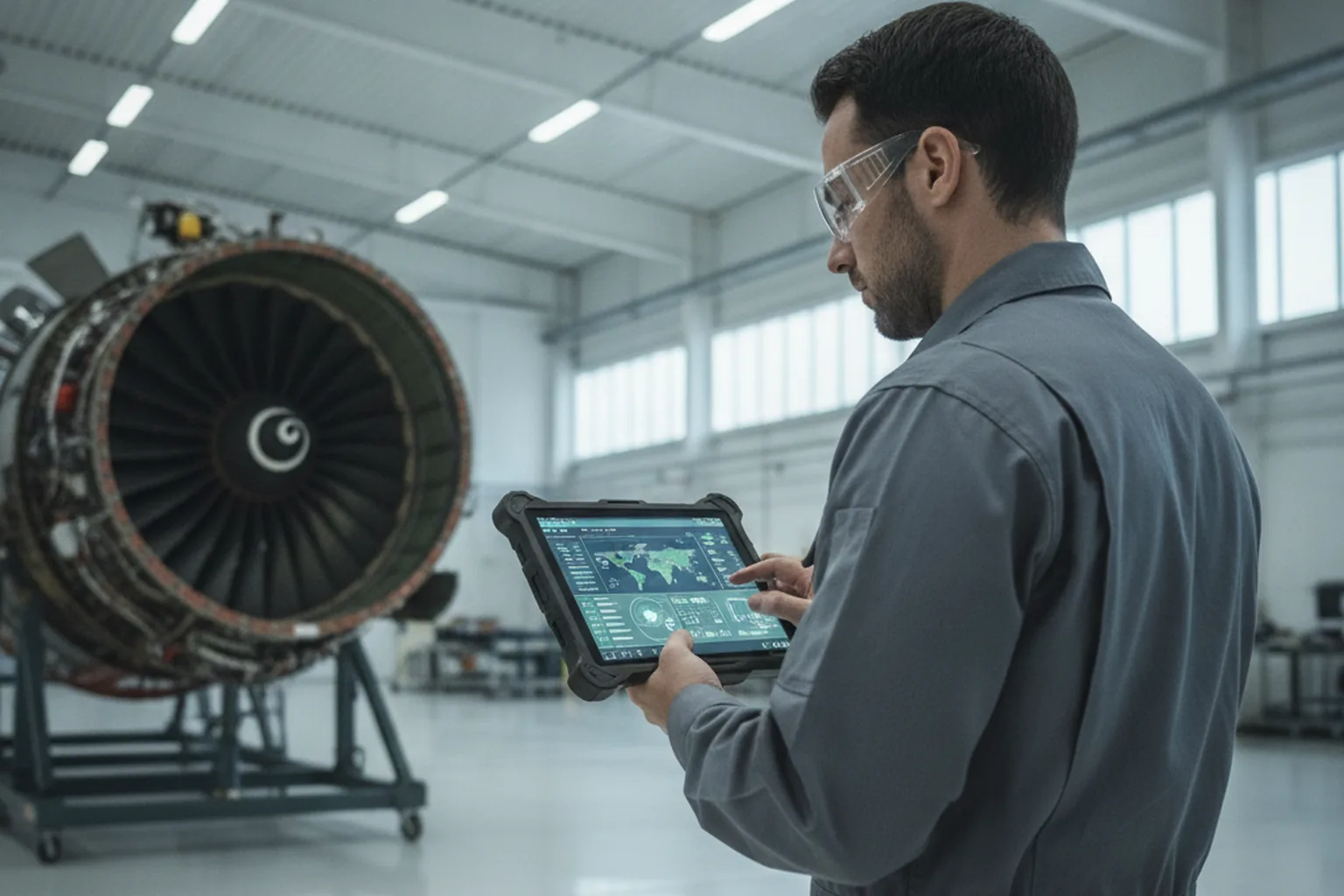 Tecnico di manutenzione aeronautica che usa un software su tablet accanto a un aereo commerciale in un hangar