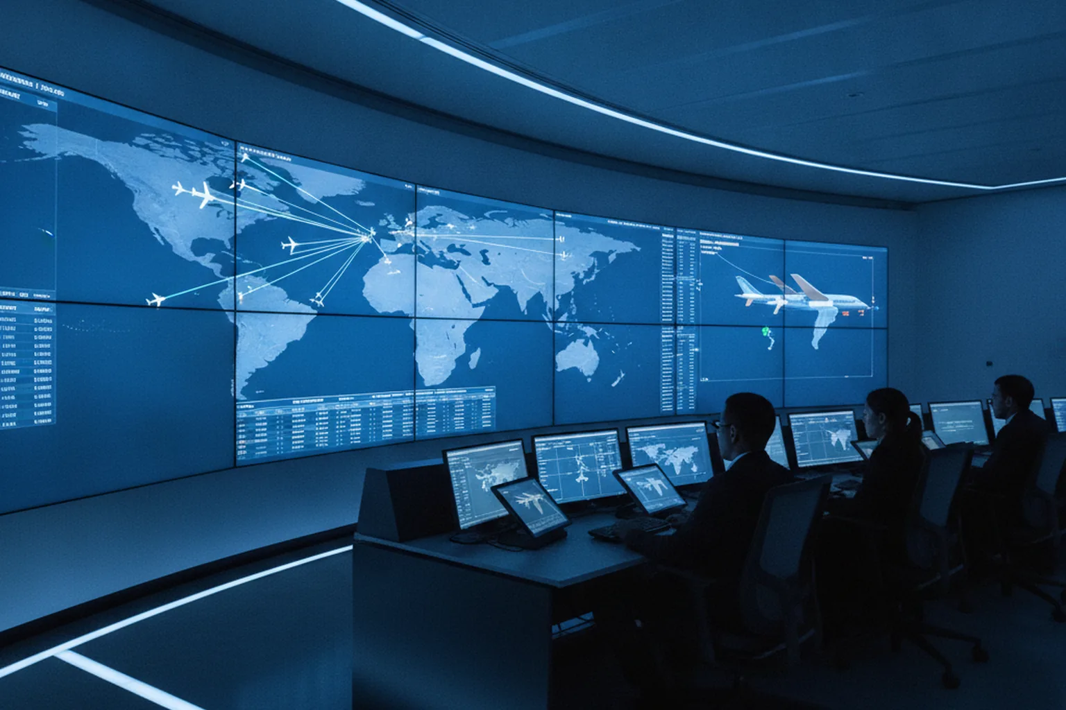 Sala di controllo delle operazioni aeroportuali con dashboard software per l'aviazione in tempo reale