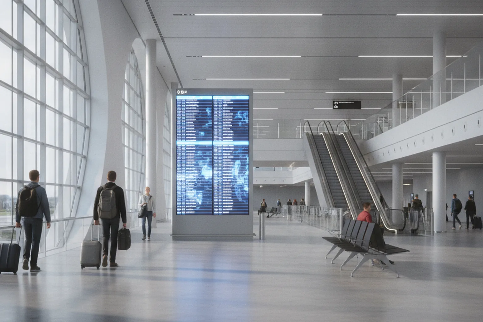 Travelers in a modern airport terminal beside a digital departures board