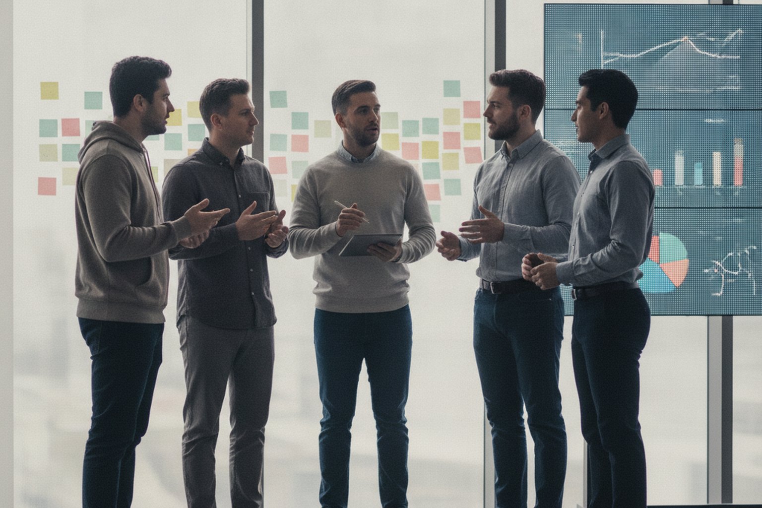 A software engineering team at a standup in front of a glass wall of sticky notes and a screen showing abstract charts