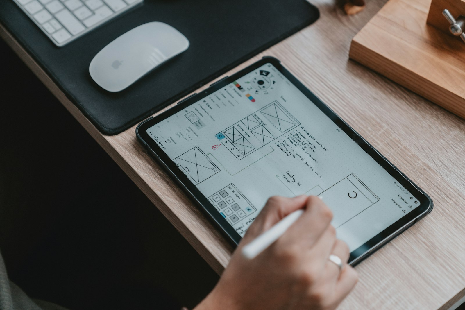 UX designer che lavora su wireframe e schermate ad alta fedelt&agrave; di un'app mobile in Figma