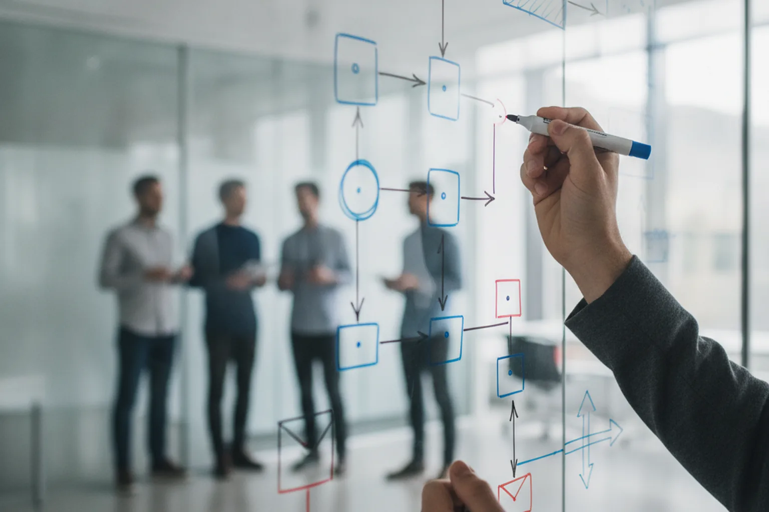 Software architect sketching an agent workflow diagram with connected boxes and arrows on a glass board while the team discusses in the background