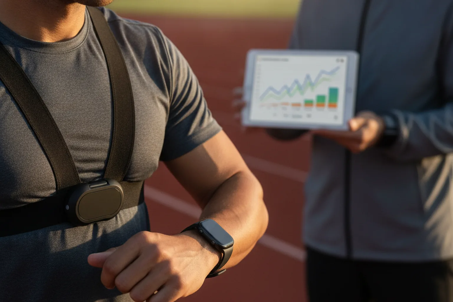 Athlète portant un capteur de fréquence cardiaque pendant qu'un entraîneur consulte des données de performance sur une tablette