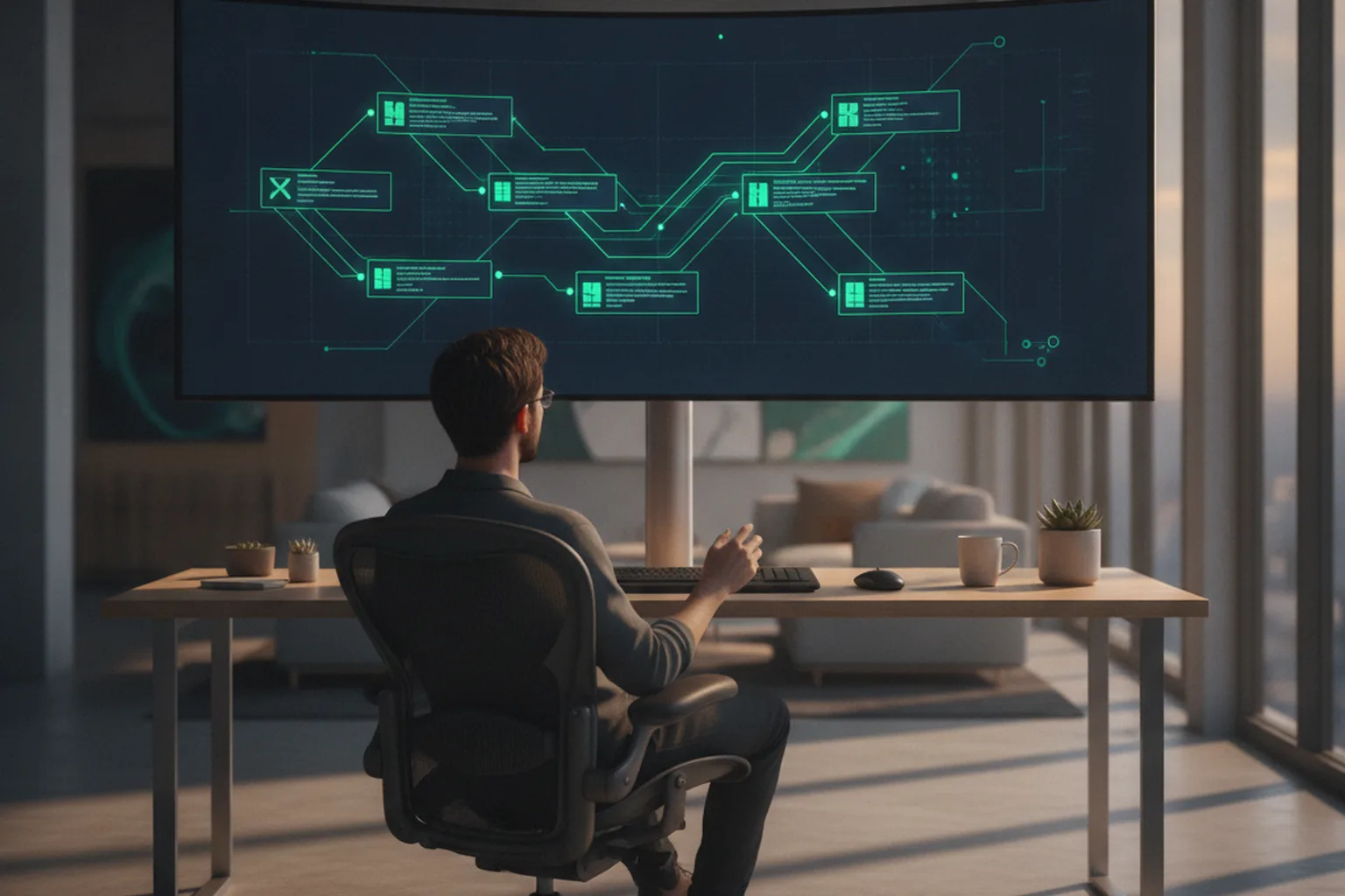 Engineer reviewing an automated build and deployment pipeline on a large monitor