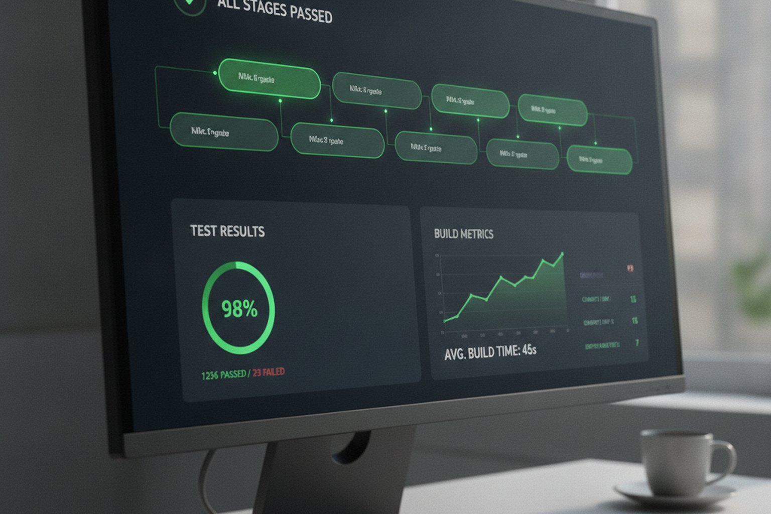 Una dashboard di pipeline CI/CD che mostra tutte le fasi superate e i risultati dei test, a illustrare dove girano nella pipeline la revisione del codice con IA e la generazione di test