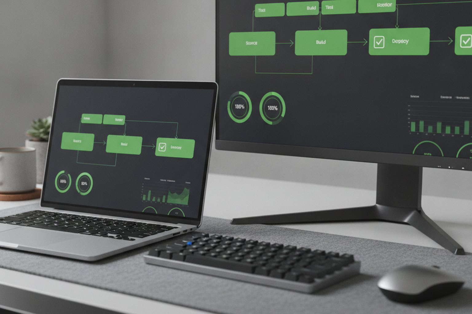 A laptop and monitor showing a green passing CI/CD pipeline with build, test and deploy stages, illustrating continuous integration and delivery