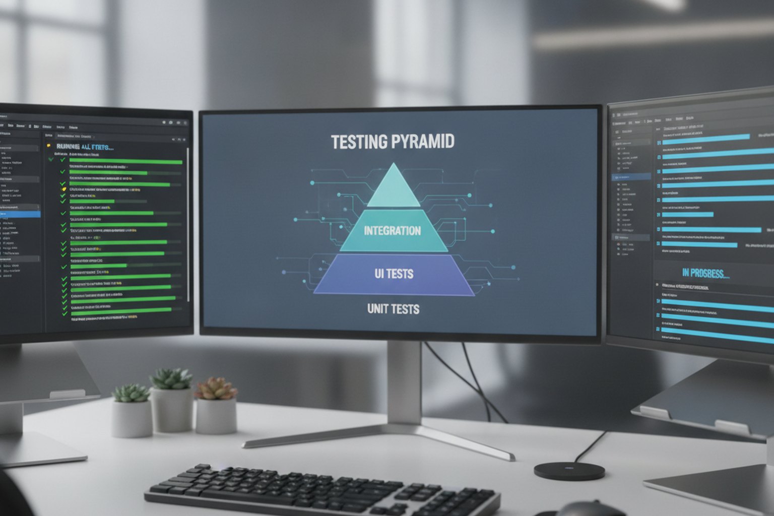 Ein Entwickler-Arbeitsplatz, an dem eine automatisierte Testsuite läuft, mit einem Testpyramiden-Diagramm aus Unit-, Integrations- und UI-Tests und einem live laufenden Testdurchlauf