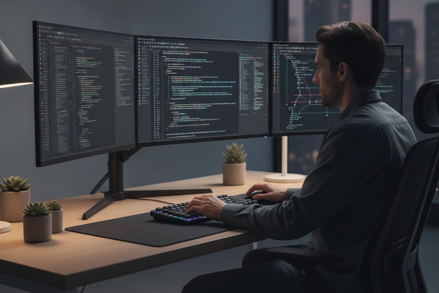 Back-end software developer writing server-side code on a multi-monitor workstation