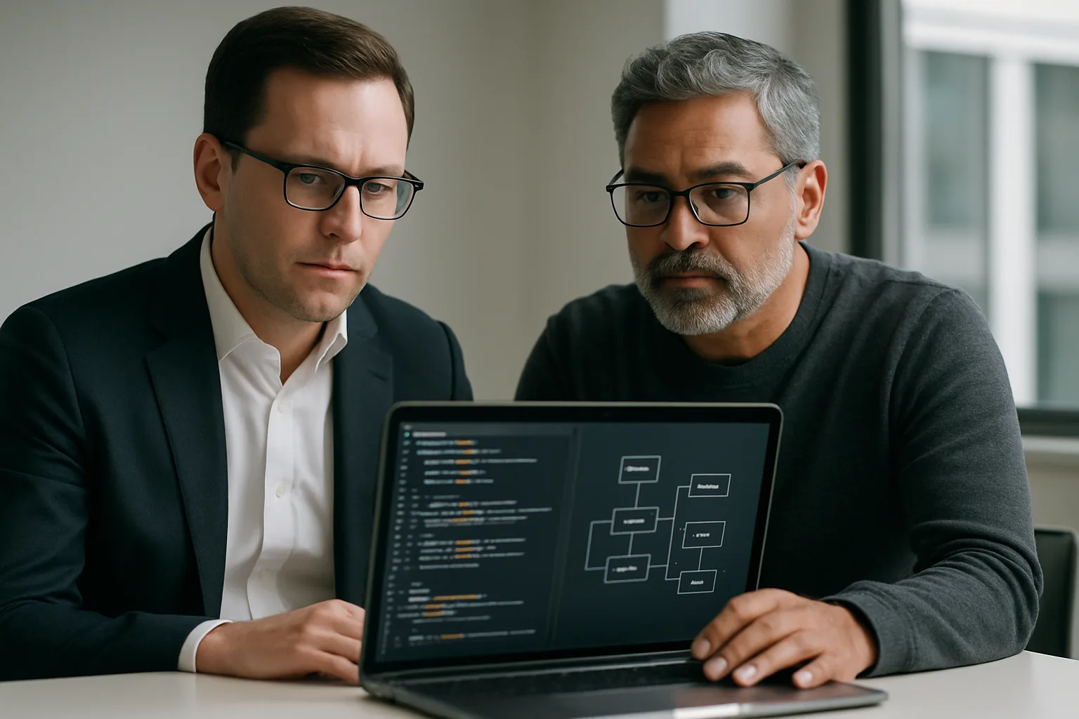 Hiring manager and senior engineer reviewing a back-end developer candidate's code and system design during a technical interview