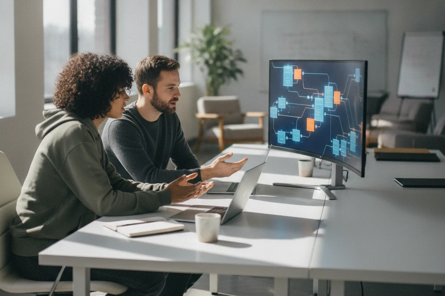 Zwei Backend-Engineers besprechen in einem hellen Büro ein Architekturdiagramm auf einem großen gebogenen Monitor