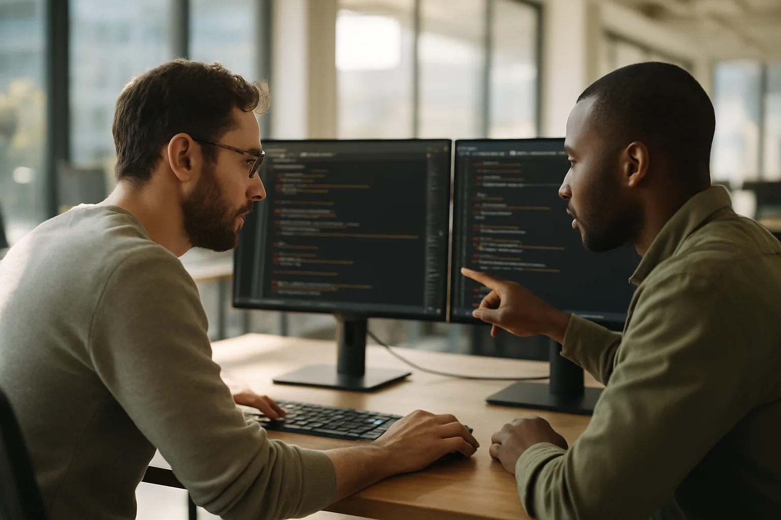Java software development team reviewing backend code