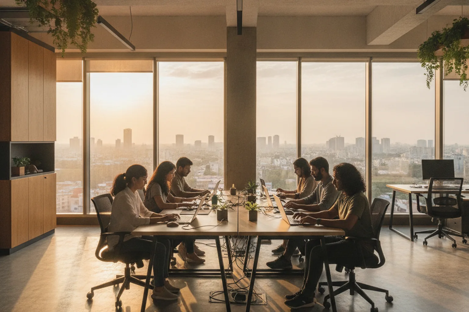 Team di ingegneria software al lavoro in un ufficio di Bengaluru con vista sullo skyline della città