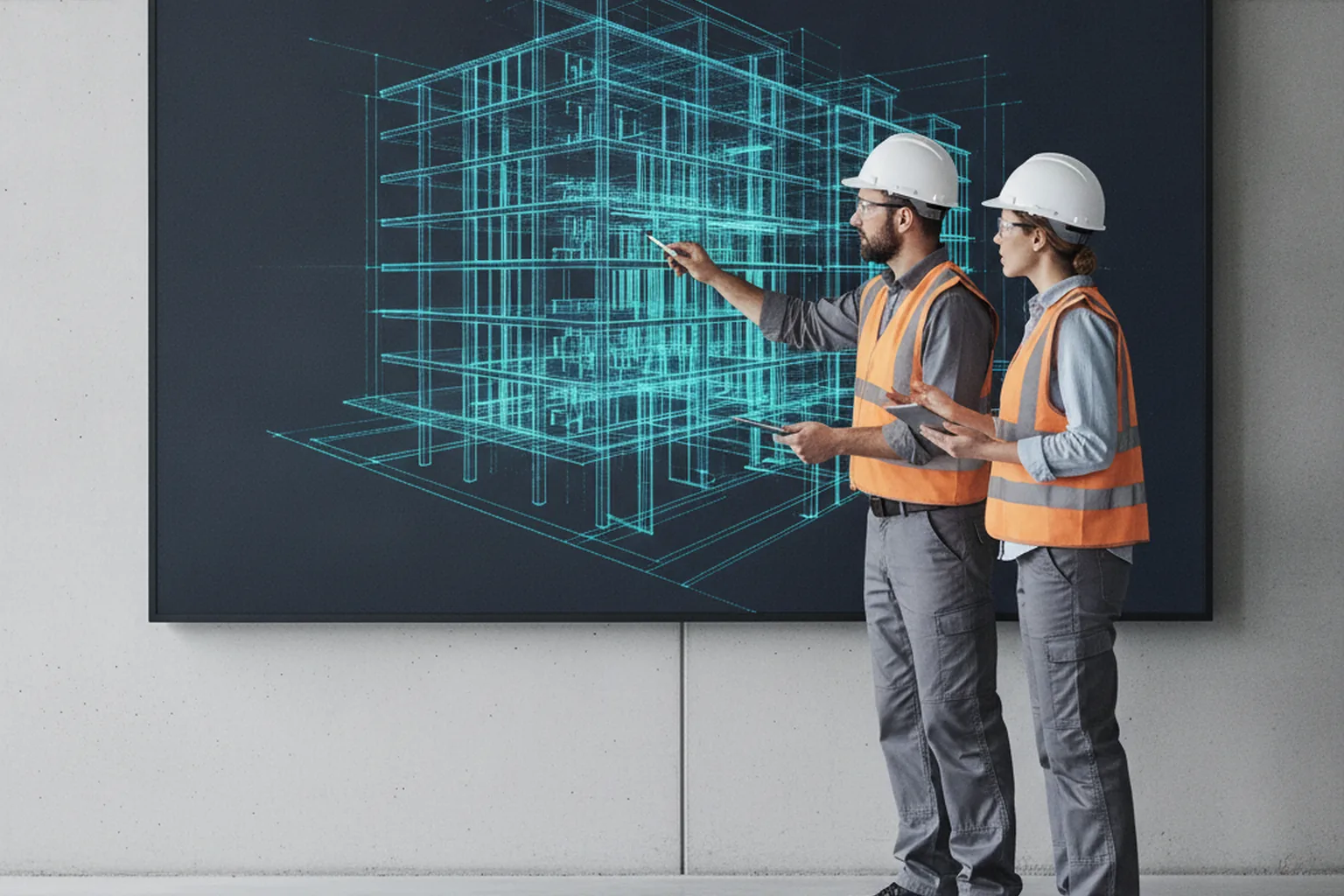 Ingenieure prüfen ein 3D-BIM-Modell eines Gebäudes