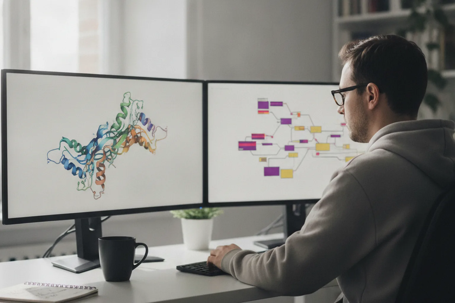 Ingénieur en bioinformatique à son bureau devant deux écrans affichant un modèle 3D de structure protéique et un graphe de pipeline de données