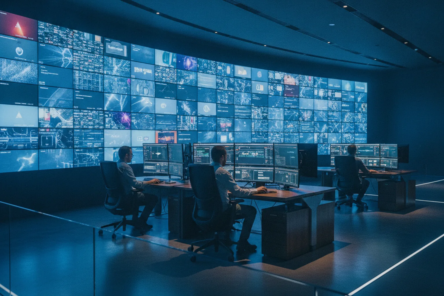 Régie de streaming média avec un mur d'écrans de contenu