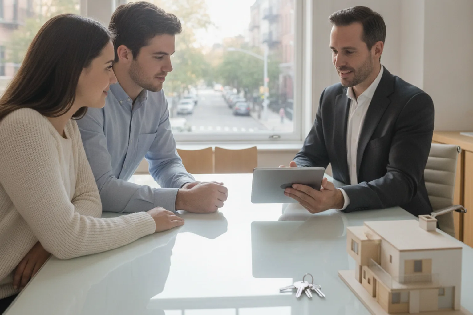 Agent immobilier présentant à un jeune couple les détails d’un bien sur une tablette, à côté de clés de maison et d’une maquette