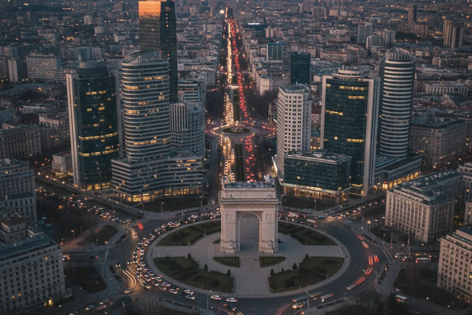 Vista aérea del distrito de oficinas de Bucarest al anochecer