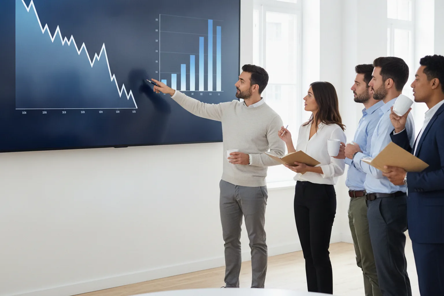 Équipe consultant un burndown chart pendant le daily stand-up