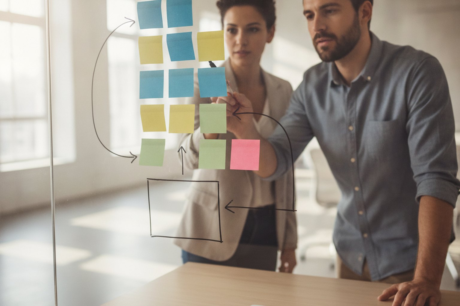 Un business analyst et une designer UX cartographiant des parcours utilisateurs avec des post-it colorés et des flèches dessinées à la main sur une paroi de verre